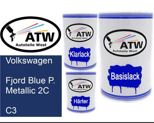 Volkswagen, Fjord Blue P. Metallic 2C, C3: 500ml Lackdose + 500ml Klarlack + 250ml Härter - Set, von ATW Autoteile West.